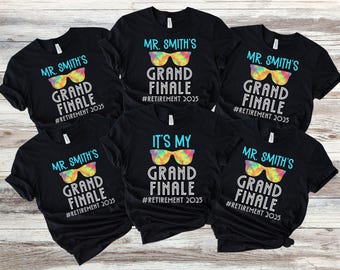 May include: Five black t-shirts with a tie-dye sunglasses graphic and the text "MR. SMITH'S GRAND FINALE #RETIREMENT 2025". One shirt has the text "IT'S MY" instead of "MR. SMITH'S".