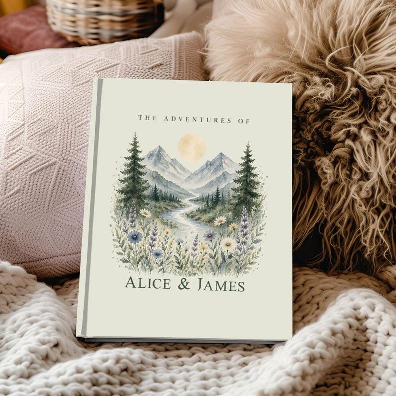 May include: A hardcover book with the title "THE ADVENTURES OF" and the names "ALICE & JAMES" printed on the cover. The cover features a watercolor landscape of mountains, a river, and wildflowers under a yellow sun.