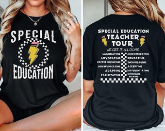 May include: Black t-shirt with a white graphic that says "Special Education" with a yellow lightning bolt in a checkered circle. The back of the shirt has the text "Special Education Teacher Tour" with a yellow lightning bolt on each side of the text. The text "We Get It All Done" is below the text "Teacher Tour". Below that is a list of words in white text on a black background with a checkered pattern between each word: "Laminating, Accommodating, Advocating, Educating, Coffee Drinking, Encouraging, Communicating, Accepting, Adapting, Differentiating, Facilitating, Difference Making."