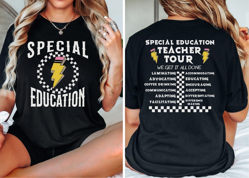 May include: Black t-shirt with a white graphic that says "Special Education" with a yellow lightning bolt in a checkered circle. The back of the shirt has the text "Special Education Teacher Tour" with a yellow lightning bolt on each side of the text. The text "We Get It All Done" is below the text "Teacher Tour". Below that is a list of words in white text on a black background with a checkered pattern between each word: "Laminating, Accommodating, Advocating, Educating, Coffee Drinking, Encouraging, Communicating, Accepting, Adapting, Differentiating, Facilitating, Difference Making."