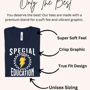 May include: A navy blue t-shirt with a white graphic of a lightning bolt inside a checkered circle. The text "Special Education" is printed in white below the graphic. The t-shirt is folded and displayed on a white background with text describing the product's features: "Super Soft Feel", "Crisp Graphic", "True Fit Design", and "Unisex Sizing".