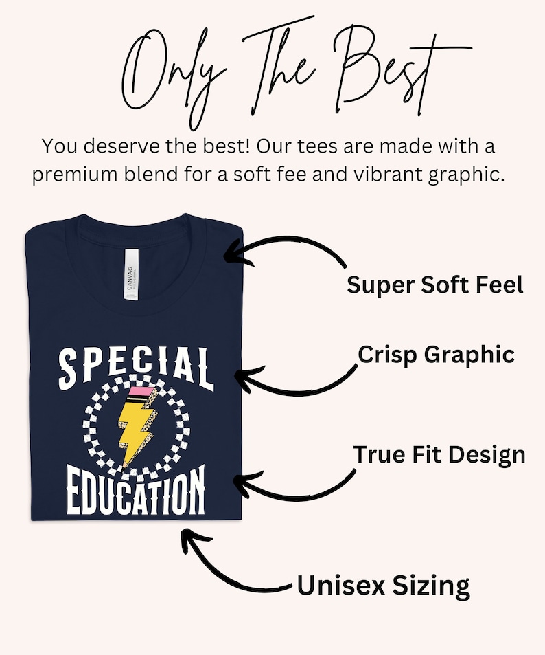 May include: A navy blue t-shirt with a white graphic of a lightning bolt inside a checkered circle. The text "Special Education" is printed in white below the graphic. The t-shirt is folded and displayed on a white background with text describing the product's features: "Super Soft Feel", "Crisp Graphic", "True Fit Design", and "Unisex Sizing".