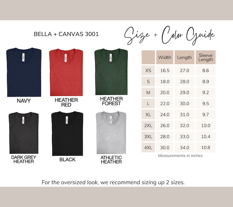 Pu&ograve; includere: Immagine di magliette Bella + Canvas 3001 in blu navy, rosso m&eacute;lange, verde m&eacute;lange, grigio scuro m&eacute;lange, nero e grigio atletico. Una guida alle taglie mostra le misure in pollici, da XS a 4XL, con lunghezze maniche da 8,6 a 10,8 pollici.