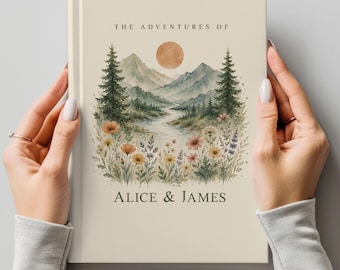 Gepersonaliseerde avonturendagboek voor stellen, aquarel reisnotitieboekje met wilde bloemen, jubileumboek