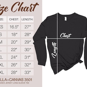 Pu&ograve; includere: Una maglietta unisex a maniche lunghe nera con una tabella delle taglie. La tabella elenca le misure del petto e della lunghezza in centimetri per le taglie dalla XS alla 3XL. La maglietta &egrave; di Bella+Canvas, stile 3501.