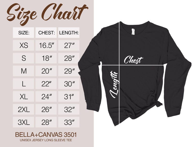 Pu&ograve; includere: Una maglietta unisex a maniche lunghe nera con una tabella delle taglie. La tabella elenca le misure del petto e della lunghezza in centimetri per le taglie dalla XS alla 3XL. La maglietta &egrave; di Bella+Canvas, stile 3501.