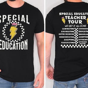 May include: Black t-shirt with a yellow lightning bolt graphic and the text "Special Education" on the front. The back of the shirt has the text "Special Education Teacher Tour" with a yellow lightning bolt graphic and the text "We Get It All Done" followed by a list of words describing the work of a special education teacher.