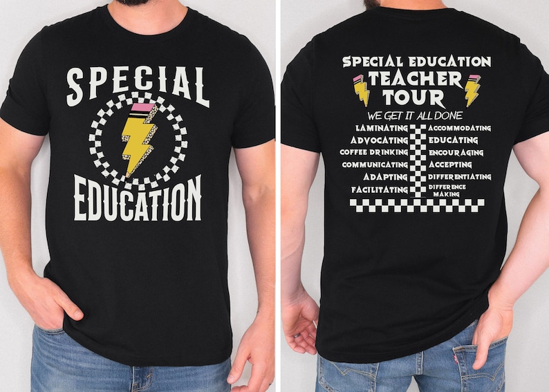May include: Black t-shirt with a yellow lightning bolt graphic and the text "Special Education" on the front. The back of the shirt has the text "Special Education Teacher Tour" with a yellow lightning bolt graphic and the text "We Get It All Done" followed by a list of words describing the work of a special education teacher.
