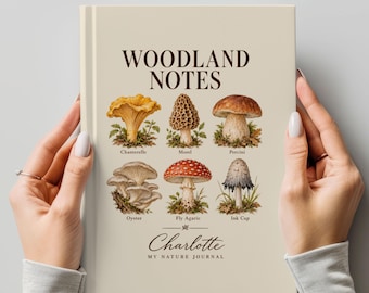 Personalized Mushroom Journal, Woodland Notes Hardcover Notebook, Custom Name Nature Lover Gift, Vintage Botanical Design, 150 Lined Pages