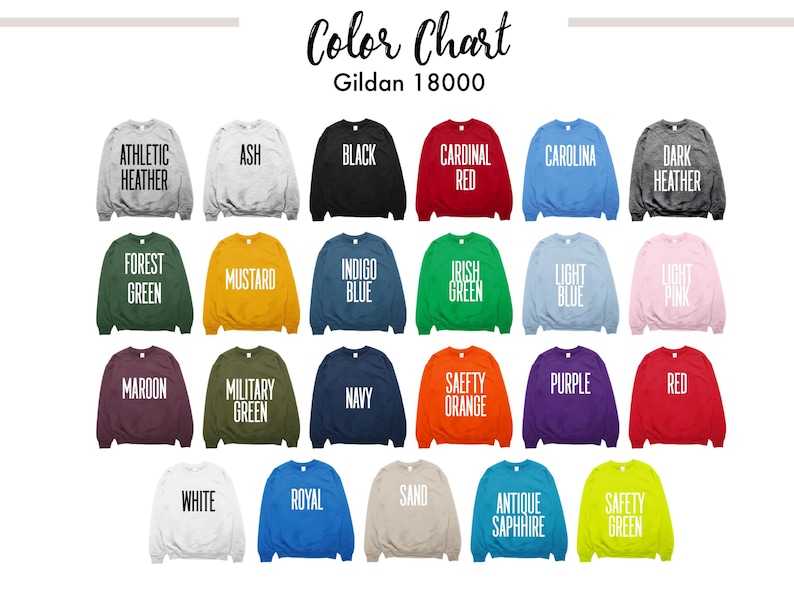 Pu&ograve; includere: Una tabella colori di felpe Gildan 18000 in vari colori, tra cui Athletic Heather, Nero, Rosso Cardinale, Blu Carolina, Dark Heather, Verde Foresta, Senape e altro. Il testo "Color Chart" &egrave; in alto.
