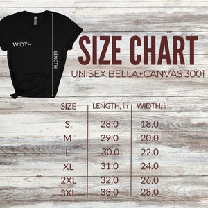 Pu&ograve; includere: Tabella delle taglie per t-shirt unisex Bella + Canvas 3001, che mostra le misure in pollici per la lunghezza e la larghezza per le taglie S, M, L, XL, 2XL e 3XL.