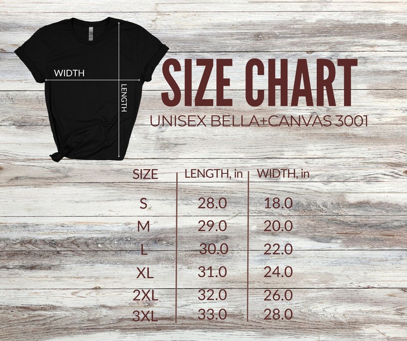 Pu&ograve; includere: Tabella delle taglie per t-shirt unisex Bella + Canvas 3001, che mostra le misure in pollici per la lunghezza e la larghezza per le taglie S, M, L, XL, 2XL e 3XL.