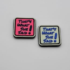 May include: Two square patches with the text "That's What She Said!" in black lettering on a white background. One patch has a pink background and the other has a light green background.