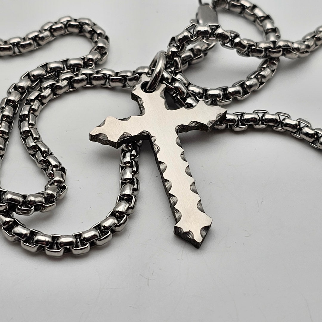 Polished Titanium Rock Cut Cross Pendant Dangle Necklace EDC