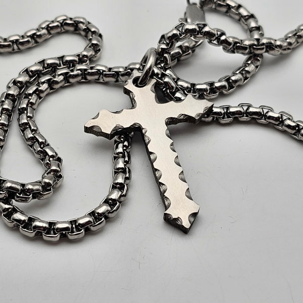 Polished Titanium Rock Cut Cross Pendant Dangle Necklace EDC
