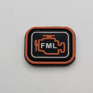 May include: Orange and black check engine light patch with the text "FML" inside.