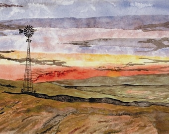 Hill Farm, Kansas windmill landscape, print of a watercolour painting