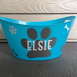 Custom Puppy Toy Tote | Dog gift basket and Toy tub | Personalized Plastic pet storage bin with Vinyl Decals
