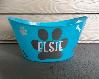Custom Puppy Toy Tote | Dog gift basket and Toy tub | Personalized Plastic pet storage bin with Vinyl Decals