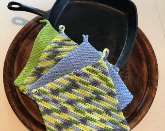in Sunny Variegated Set of 2 Pot Holder Handmade of 100% Cotton Crochet Hot Pad