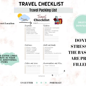 Printable Travel Checklist, Vacation Packing, Travel Packing List, Travel Checklist Planner, Business Trip, Girls Trip, Family Travel