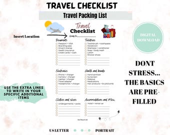 May include: A printable travel checklist with sections for documents, toiletries, electronics, health and beauty, clothes, and accommodations. The checklist includes the text "Travel Checklist" and "Digital Download."