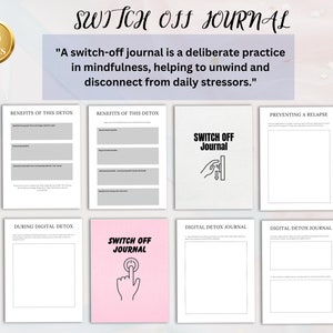 Könnte beinhalten: Ein druckbares digitales Entgiftungsjournal mit einem rosa Cover, das eine Hand zeigt, die einen Lichtschalter mit dem Text "Switch Off Journal" ausschaltet. Das Journal enthält Seiten zum Verfolgen der Vorteile einer digitalen Entgiftung, zur Verhinderung von Rückfällen und zum Journaling während einer digitalen Entgiftung.