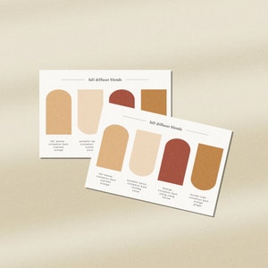 May include: Two cards with the text "fall diffuser blends" and color swatches for different scent combinations. The scents include fall leaves, cinnamon bark, cypress, orange, pumpkin spice, cinnamon bark, nutmeg, clove, and mulling cider.