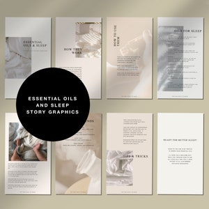 May include: A set of six Instagram story graphics with a beige background and text in black. The graphics feature text about essential oils and sleep, including how to use them, how they work, and tips and tricks. The graphics also include images of a bottle of essential oil, a person's hand holding a bottle of essential oil, and a white blanket.