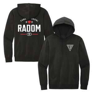 May include: Black hooded sweatshirt with a white logo on the front and a white graphic on the back that says "Fabryka Broni Radom 19 22 11" with a red and white eagle graphic.