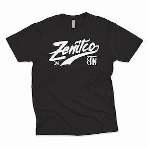 May include: Black t-shirt with a white graphic design that says "Zenitco '94 EIN"