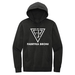 May include: Black hooded sweatshirt with a white triangle logo and the text "FABRYKA BRONI" printed on the front.