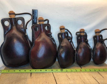 Round Leather Water Skin, Leather Bottle, Leather Wineskin