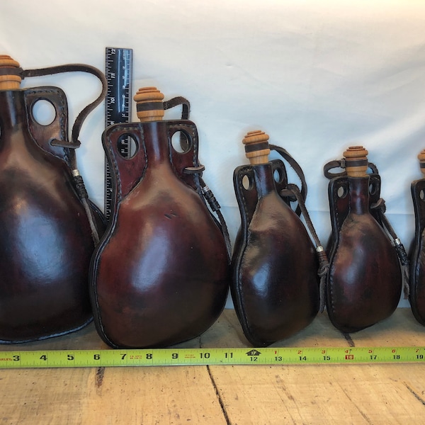 Round Leather Water Skin, Leather Bottle, Leather Wineskin