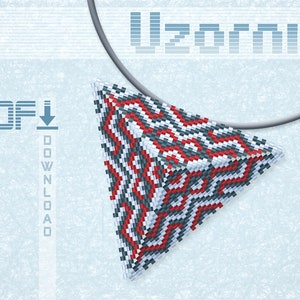 Könnte beinhalten: Ein dreieckiger Perlenanhänger mit einem geometrischen Muster in Schwarz, Weiß und Rot. Der Anhänger hängt an einer schwarzen Schnur. Der Text "Uzornik" ist über dem Anhänger sichtbar. Der Text "PDF DOWNLOAD" ist links neben dem Anhänger sichtbar.