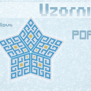 May include: A blue and white beaded star pattern with yellow accents. The pattern is for beading and is called "Uzornik". The pattern is for 16 rows and is available as a PDF download.