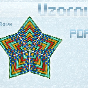 Puede incluir: Un patrón de estrella de color con 18 filas, formado por pequeños cuadrados en rojo, azul, verde, amarillo y turquesa. El texto "Uzornik PDF DOWNLOAD" está en la esquina superior derecha de la imagen.