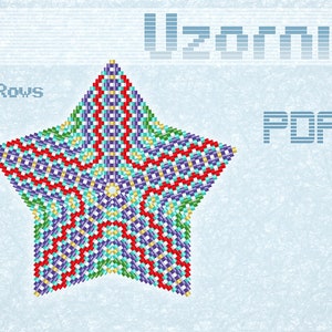May include: A colourful star-shaped beading pattern with red, yellow, blue, green, and purple beads. The pattern is labelled "17 Rows" and "PDF Download".