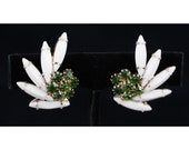 Weiss Rhinestone Flower Earrings White Green Rhinestone Signed Jewelry