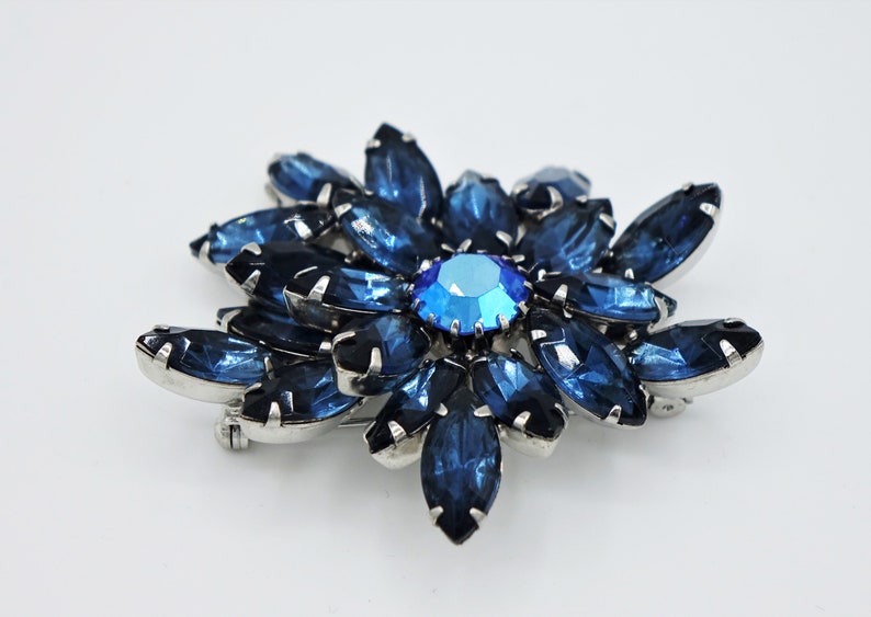 Dark Montana Blue Floral Rhinestone Brooch AB Aurora Borealis Flower Pin Silver Tone Setting Vintage Costume Jewelry