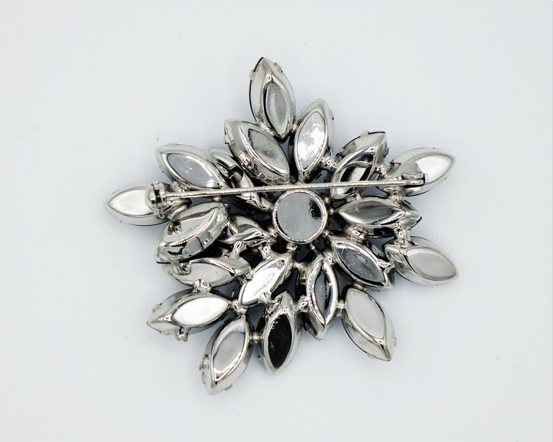 Dark Montana Blue Floral Rhinestone Brooch AB Aurora Borealis Flower Pin Silver Tone Setting Vintage Costume Jewelry