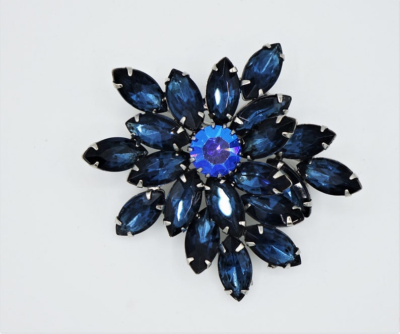 Dark Montana Blue Floral Rhinestone Brooch AB Aurora Borealis Flower Pin Silver Tone Setting Vintage Costume Jewelry