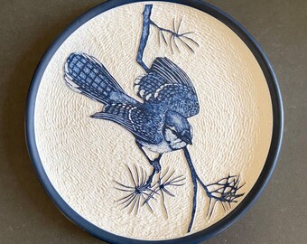 Blue Jay Carved Plate/Wall Hanging 7.5” Signed, R. KAELIN, Relief Carved Bisque