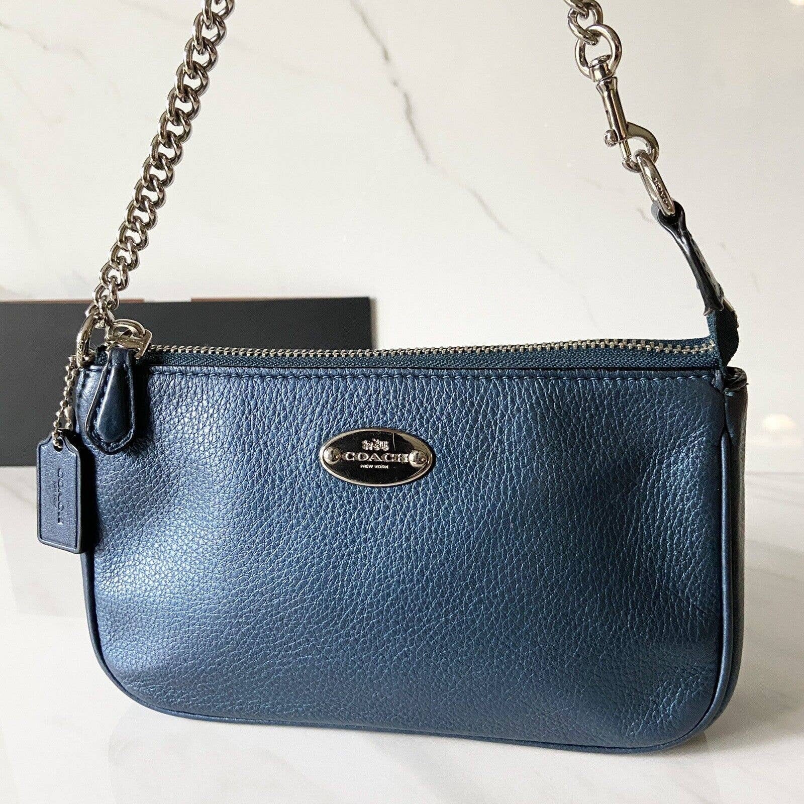 COACH Mini Pochette in Metallic Blue Silver Chain 