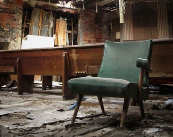 Abandoned Detroit Church Chair and Pews Ruins Photo by Crystala Armagost