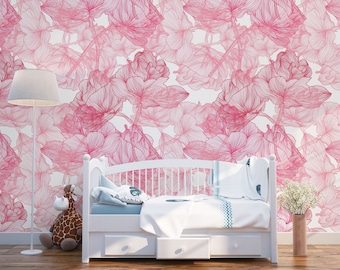 Fabric Peel and Stick Removable Eco Floral  Background elegant  beautiful pink roses wallpaper wall mural for kid rooms or any wall decors