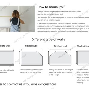 May include: Diagram showing how to measure a wall for wallpaper. The diagram shows four different wall types: standard, sloped, pitched, and wall with obstacles. The text explains how to measure each type of wall.