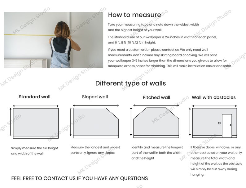 May include: Diagram showing how to measure a wall for wallpaper. The diagram shows four different wall types: standard, sloped, pitched, and wall with obstacles. The text explains how to measure each type of wall.