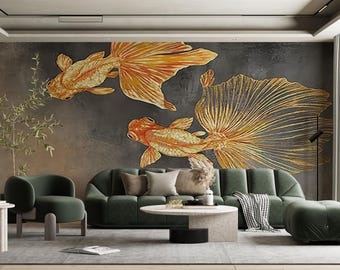 Gold Fish Wallpaper Mural: Peel and Stick Fabric, Removable Wall Decor