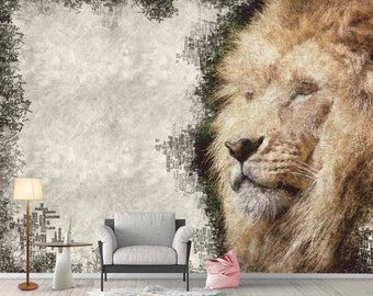 Fabric Peel and Stick Removable lion confusion wallpaper wall mural, Re-positionable, Reusable,Home Decor Printable Wall Art Room Decor